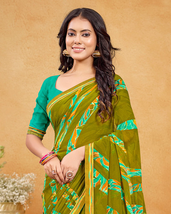 Vishal Prints Mehndi Green Printed Georgette Saree With Fancy Border