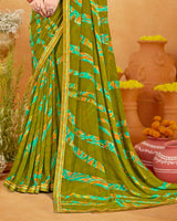 Vishal Prints Mehndi Green Printed Georgette Saree With Fancy Border