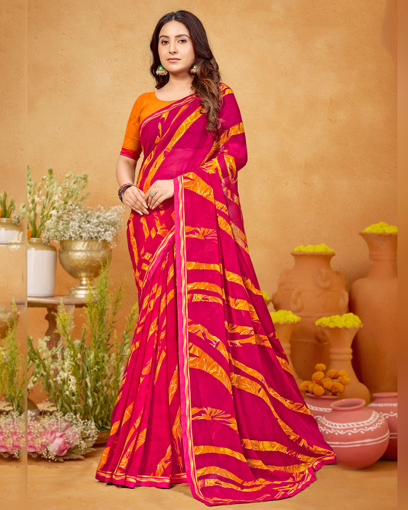Vishal Prints Raspberry Pink Printed Georgette Saree With Fancy Border