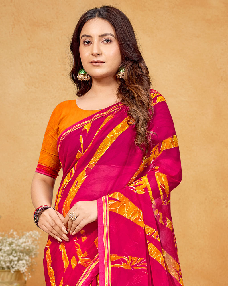 Vishal Prints Raspberry Pink Printed Georgette Saree With Fancy Border
