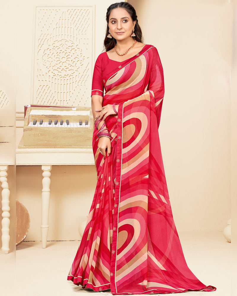 Vishal Prints Strawberry Pink Printed Georgette Saree With Fancy Border