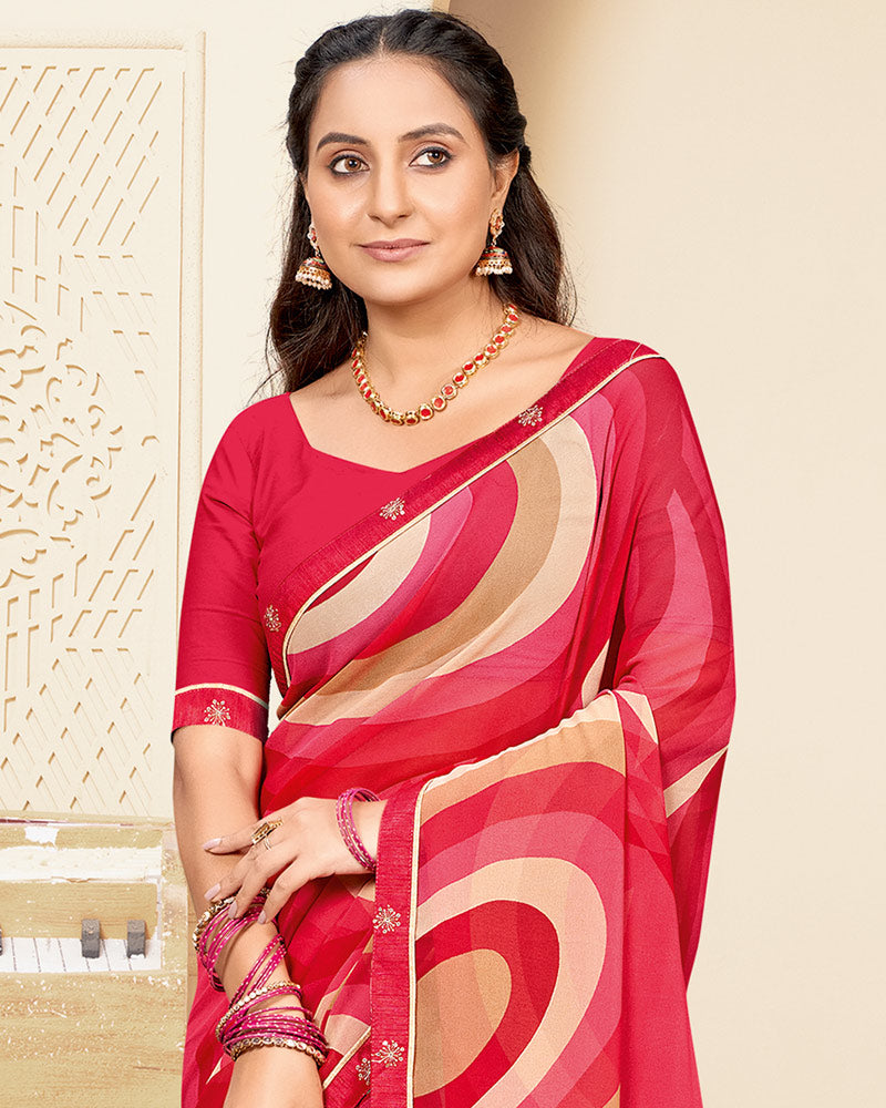 Vishal Prints Strawberry Pink Printed Georgette Saree With Fancy Border
