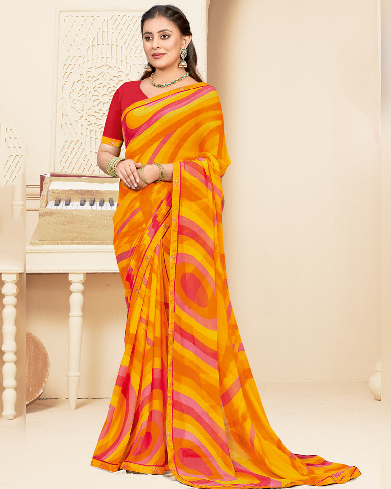 Vishal Prints Yellowish Orange Printed Georgette Saree With Fancy Border