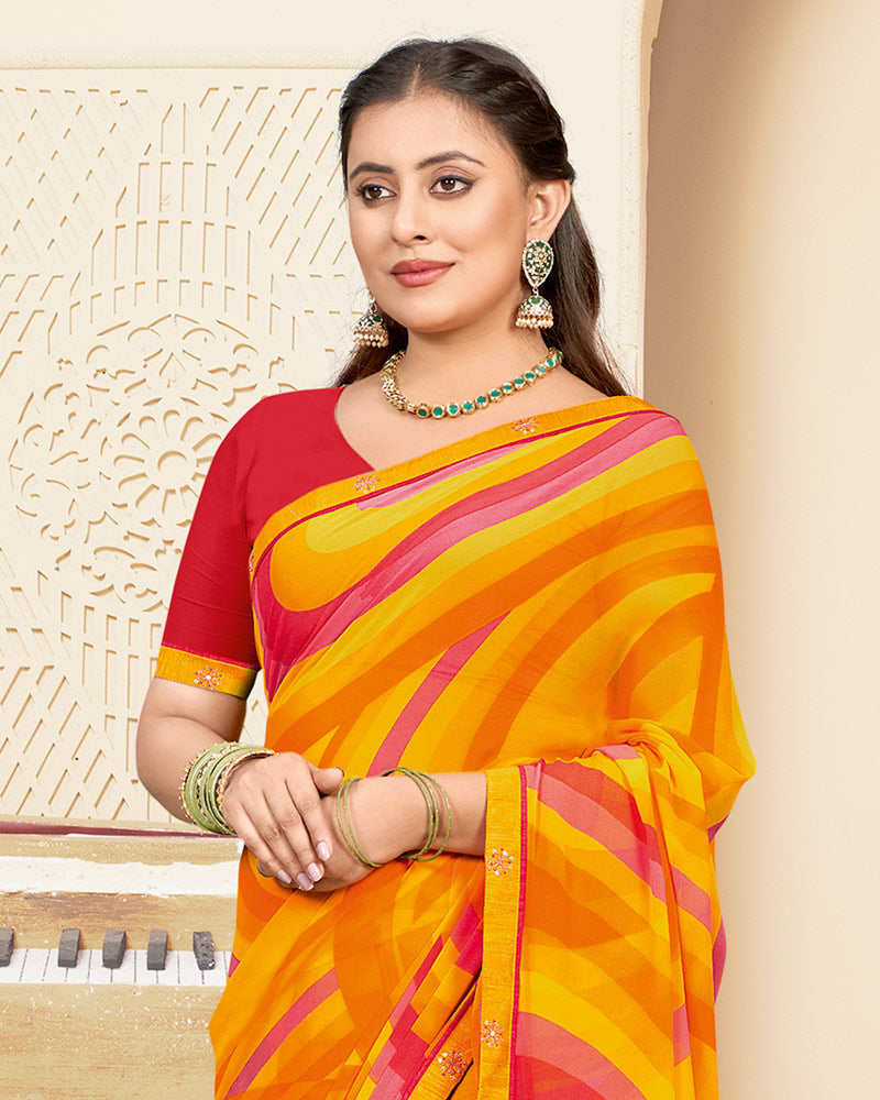 Vishal Prints Yellowish Orange Printed Georgette Saree With Fancy Border
