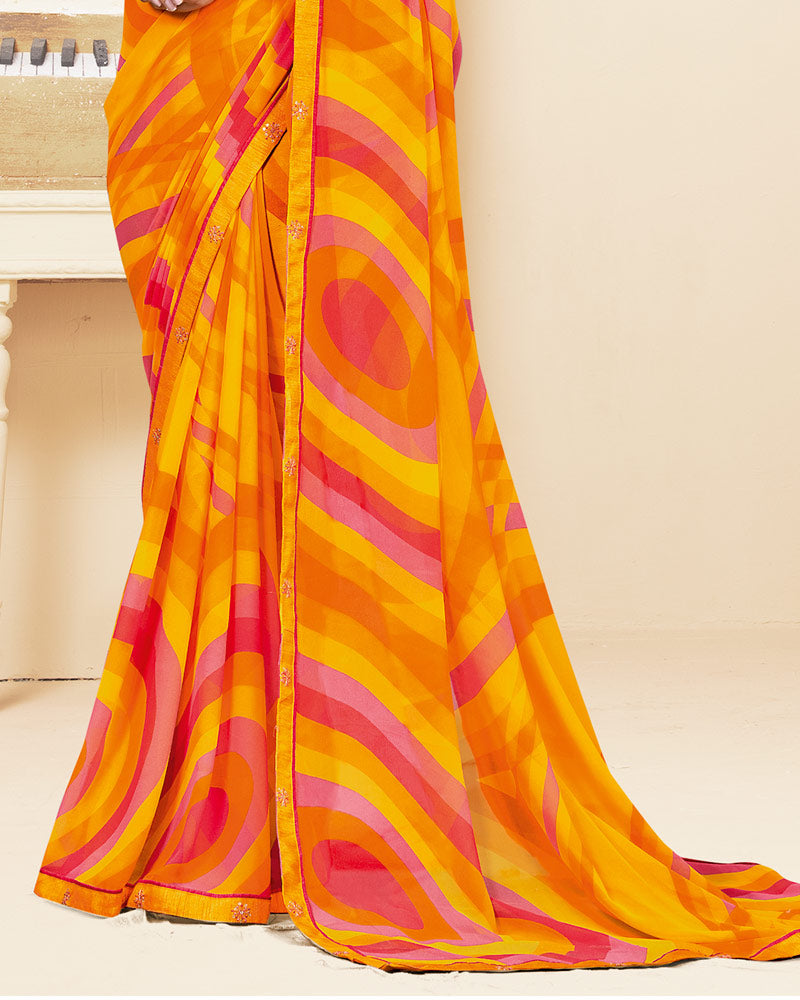Vishal Prints Yellowish Orange Printed Georgette Saree With Fancy Border