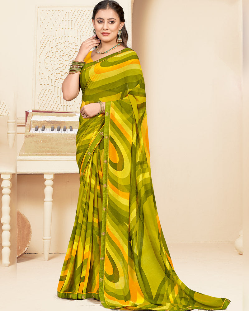 Vishal Prints Olive Green Printed Georgette Saree With Fancy Border