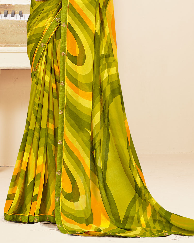 Vishal Prints Olive Green Printed Georgette Saree With Fancy Border