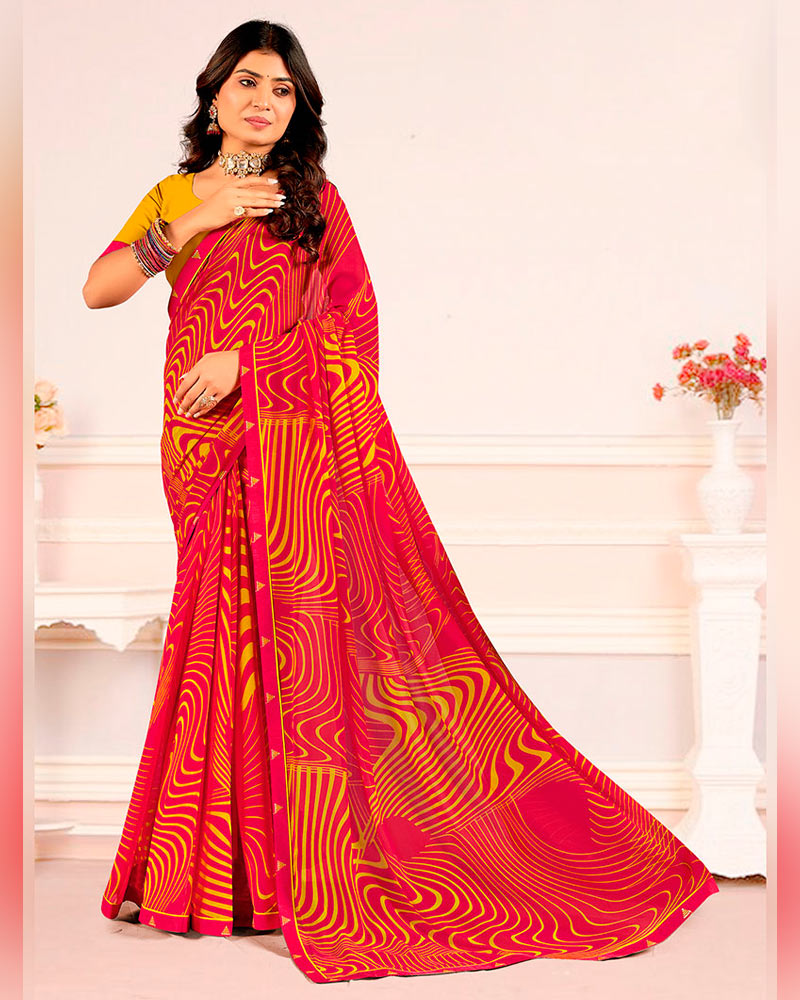 Vishal Prints Pinkish Red Printed Georgette Saree With Fancy Border