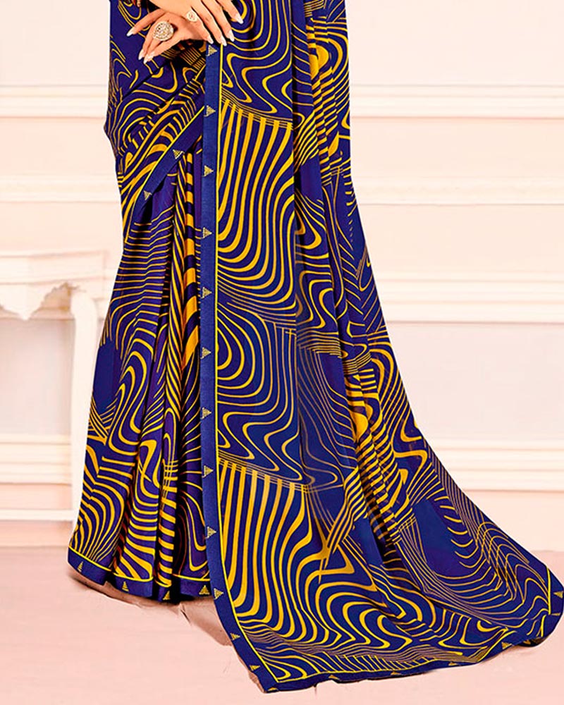 Vishal Prints Dark Indigo Blue Printed Georgette Saree With Fancy Border