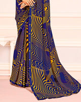 Vishal Prints Dark Indigo Blue Printed Georgette Saree With Fancy Border