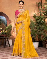 Mustard Yellow Designer Fancy Chiffon Saree With Embroidery-Diamond Work And Cut Work Border