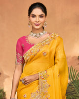Mustard Yellow Designer Fancy Chiffon Saree With Embroidery-Diamond Work And Cut Work Border