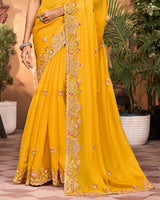 Mustard Yellow Designer Fancy Chiffon Saree With Embroidery-Diamond Work And Cut Work Border