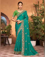 Teal Aquamarine Blue Designer Fancy Chiffon Saree With Embroidery-Diamond Work And Cut Work Border