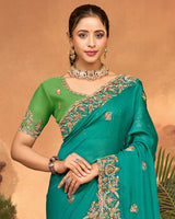 Teal Aquamarine Blue Designer Fancy Chiffon Saree With Embroidery-Diamond Work And Cut Work Border