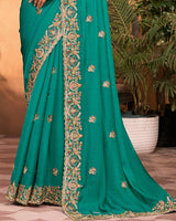 Teal Aquamarine Blue Designer Fancy Chiffon Saree With Embroidery-Diamond Work And Cut Work Border