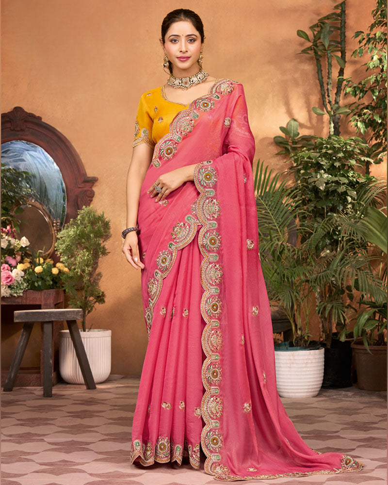Flamingo Pink Designer Fancy Chiffon Saree With Embroidery-Diamond Work And Cut Work Border