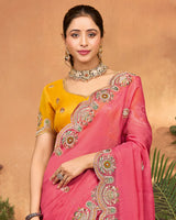 Flamingo Pink Designer Fancy Chiffon Saree With Embroidery-Diamond Work And Cut Work Border