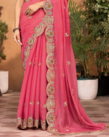 Flamingo Pink Designer Fancy Chiffon Saree With Embroidery-Diamond Work And Cut Work Border