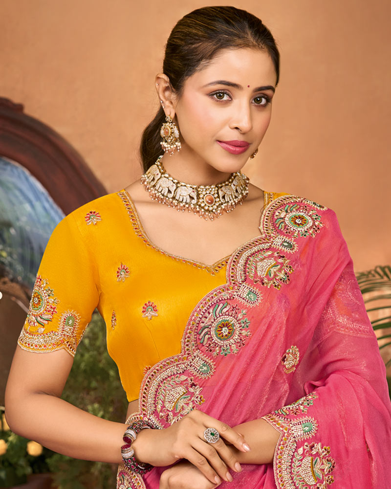Flamingo Pink Designer Fancy Chiffon Saree With Embroidery-Diamond Work And Cut Work Border