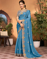 Metallic Blue Designer Fancy Chiffon Saree With Embroidery-Diamond Work And Cut Work Border
