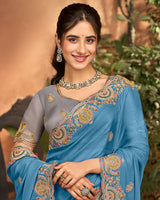 Metallic Blue Designer Fancy Chiffon Saree With Embroidery-Diamond Work And Cut Work Border