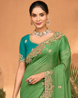 Moss Green Designer Fancy Chiffon Saree With Embroidery-Diamond Work And Cut Work Border