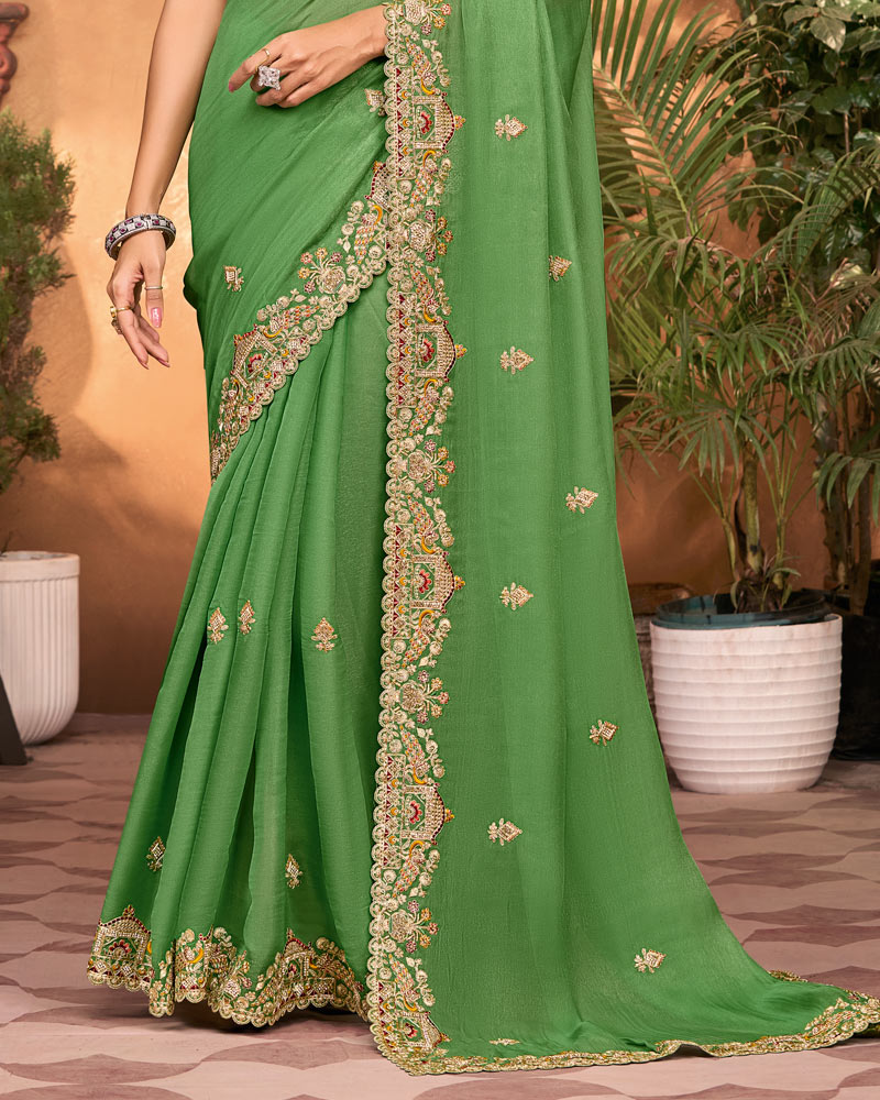 Moss Green Designer Fancy Chiffon Saree With Embroidery-Diamond Work And Cut Work Border
