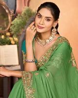 Moss Green Designer Fancy Chiffon Saree With Embroidery-Diamond Work And Cut Work Border