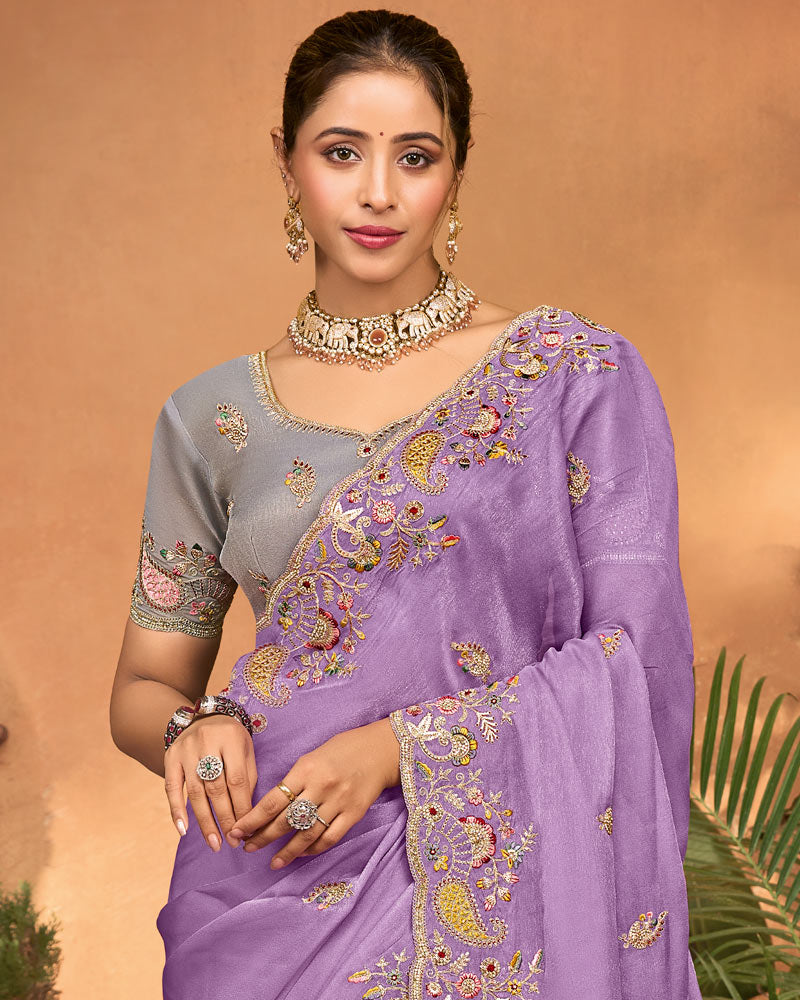 Lavender Designer Fancy Chiffon Saree With Embroidery-Diamond Work And Cut Work Border