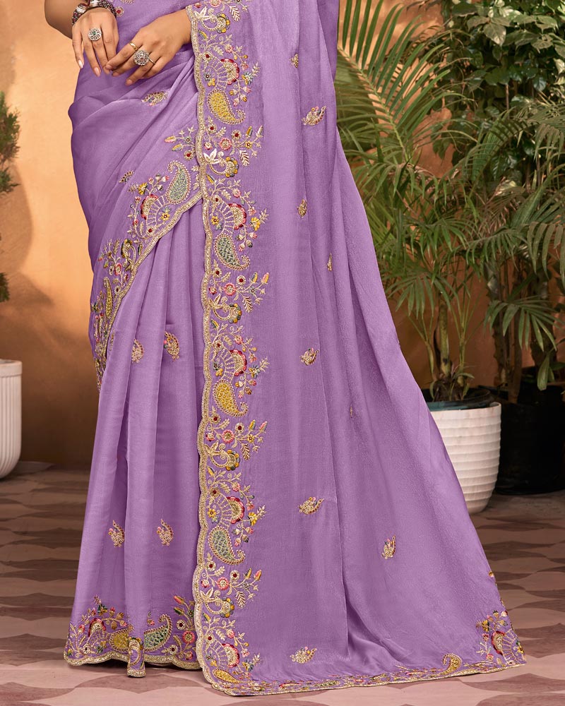 Lavender Designer Fancy Chiffon Saree With Embroidery-Diamond Work And Cut Work Border