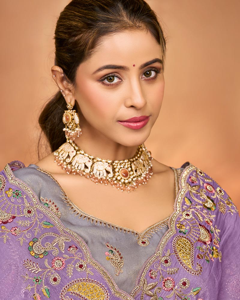 Lavender Designer Fancy Chiffon Saree With Embroidery-Diamond Work And Cut Work Border