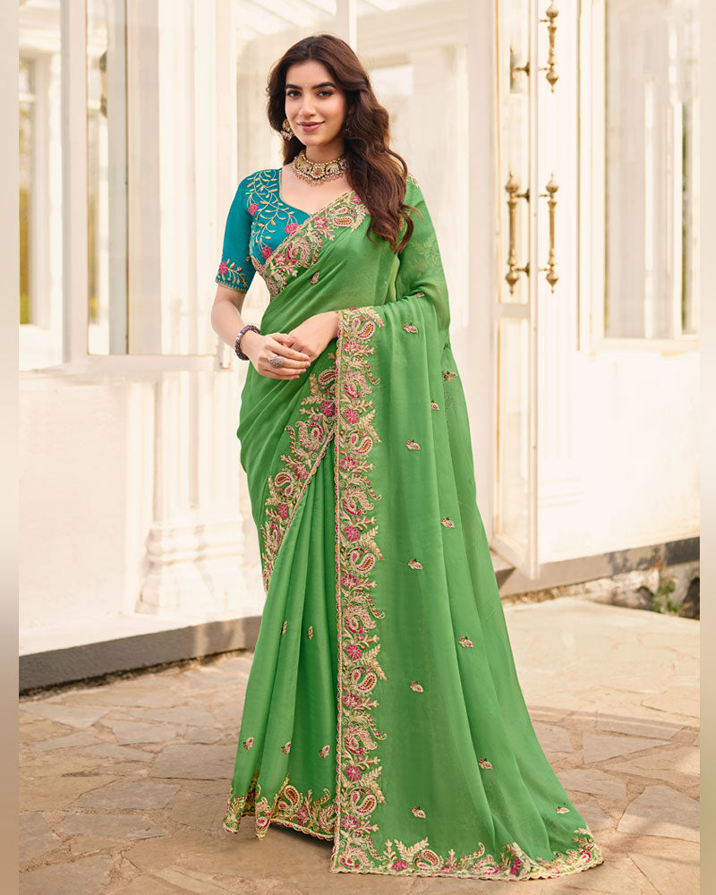 Leaf Green Designer Chiffon Saree With Embroidery-Diamond Work And Cut Work Fancy Border