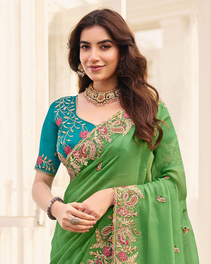Leaf Green Designer Chiffon Saree With Embroidery-Diamond Work And Cut Work Fancy Border