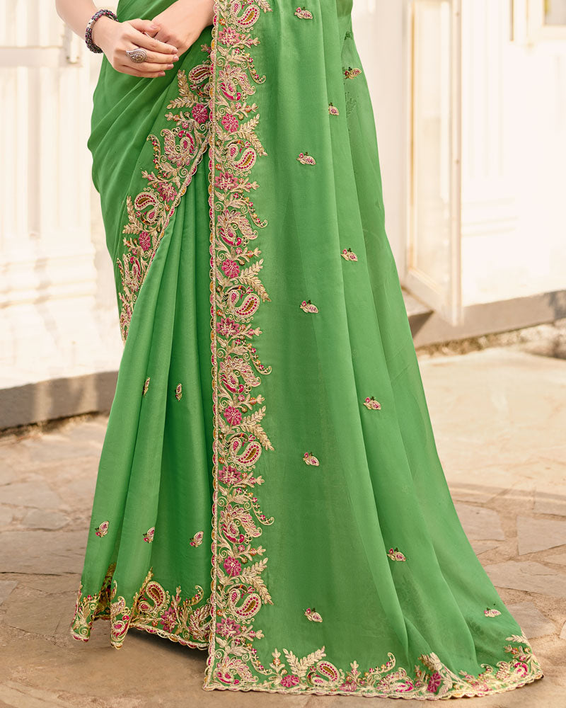 Leaf Green Designer Chiffon Saree With Embroidery-Diamond Work And Cut Work Fancy Border