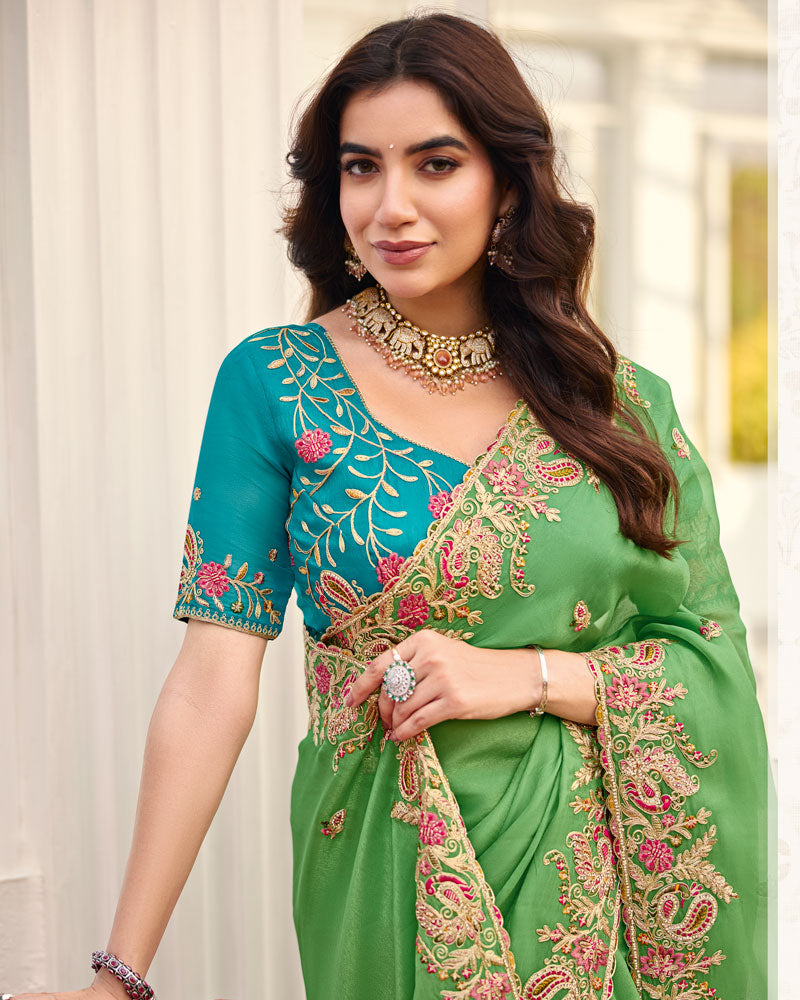 Leaf Green Designer Chiffon Saree With Embroidery-Diamond Work And Cut Work Fancy Border