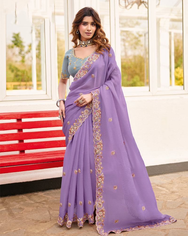 Lilac Designer Chiffon Saree With Embroidery-Diamond Work And Cut Work Fancy Border