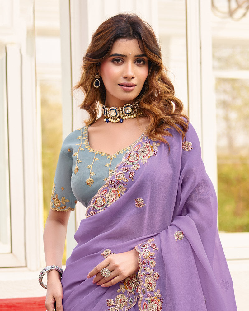 Lilac Designer Chiffon Saree With Embroidery-Diamond Work And Cut Work Fancy Border