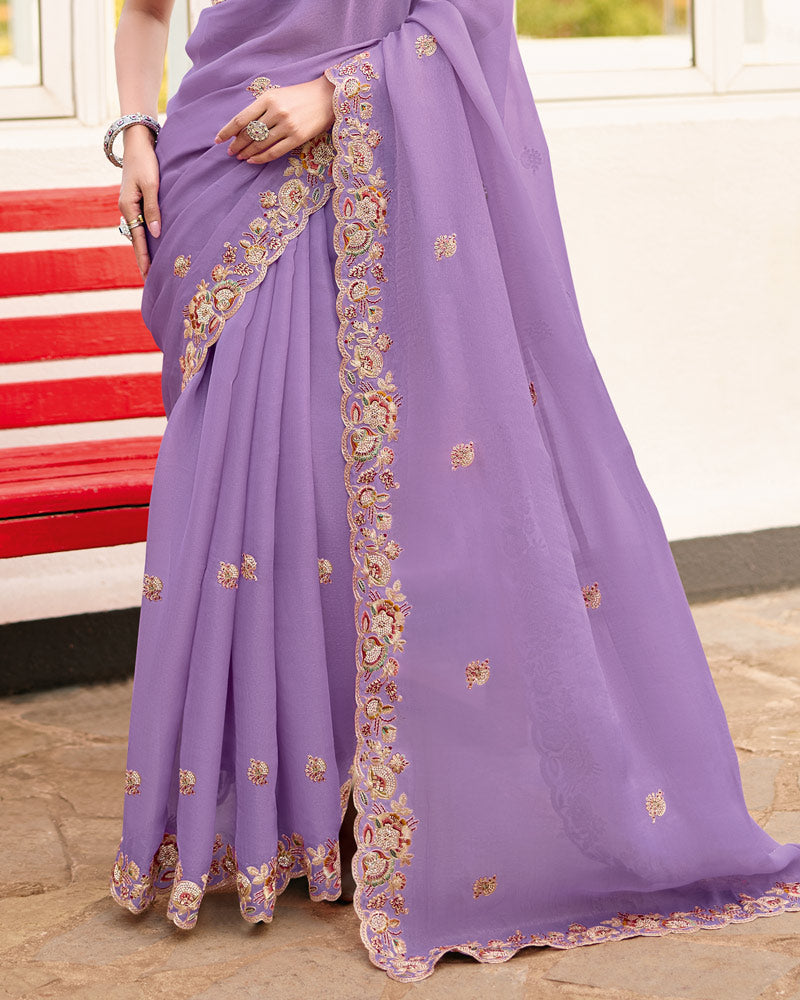Lilac Designer Chiffon Saree With Embroidery-Diamond Work And Cut Work Fancy Border