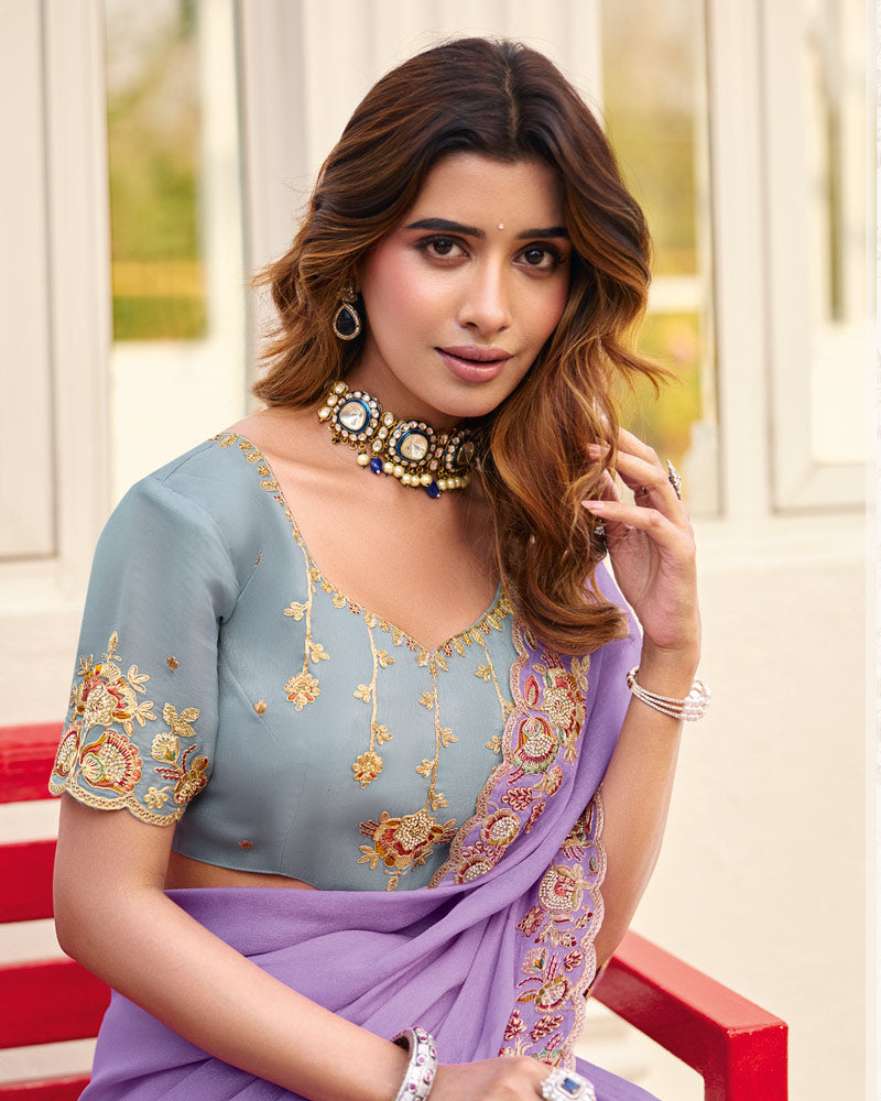 Lilac Designer Chiffon Saree With Embroidery-Diamond Work And Cut Work Fancy Border