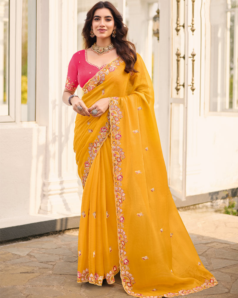 Deep Yellow Designer Chiffon Saree With Embroidery-Diamond Work And Cut Work Fancy Border