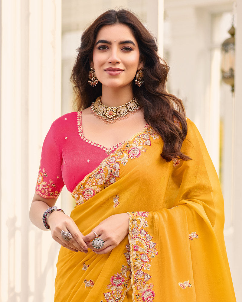 Deep Yellow Designer Chiffon Saree With Embroidery-Diamond Work And Cut Work Fancy Border