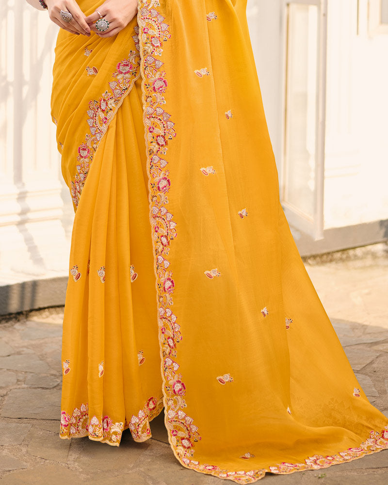 Deep Yellow Designer Chiffon Saree With Embroidery-Diamond Work And Cut Work Fancy Border
