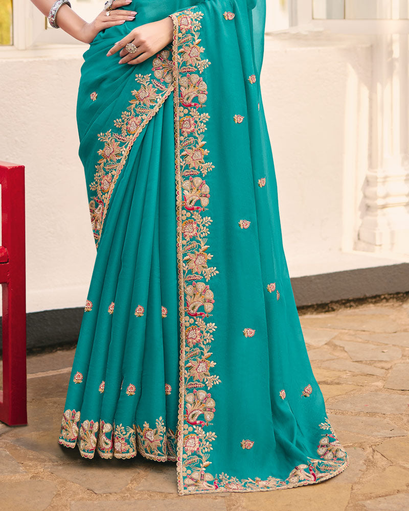 Deep Teal Blue Designer Chiffon Saree With Embroidery-Diamond Work And Cut Work Fancy Border