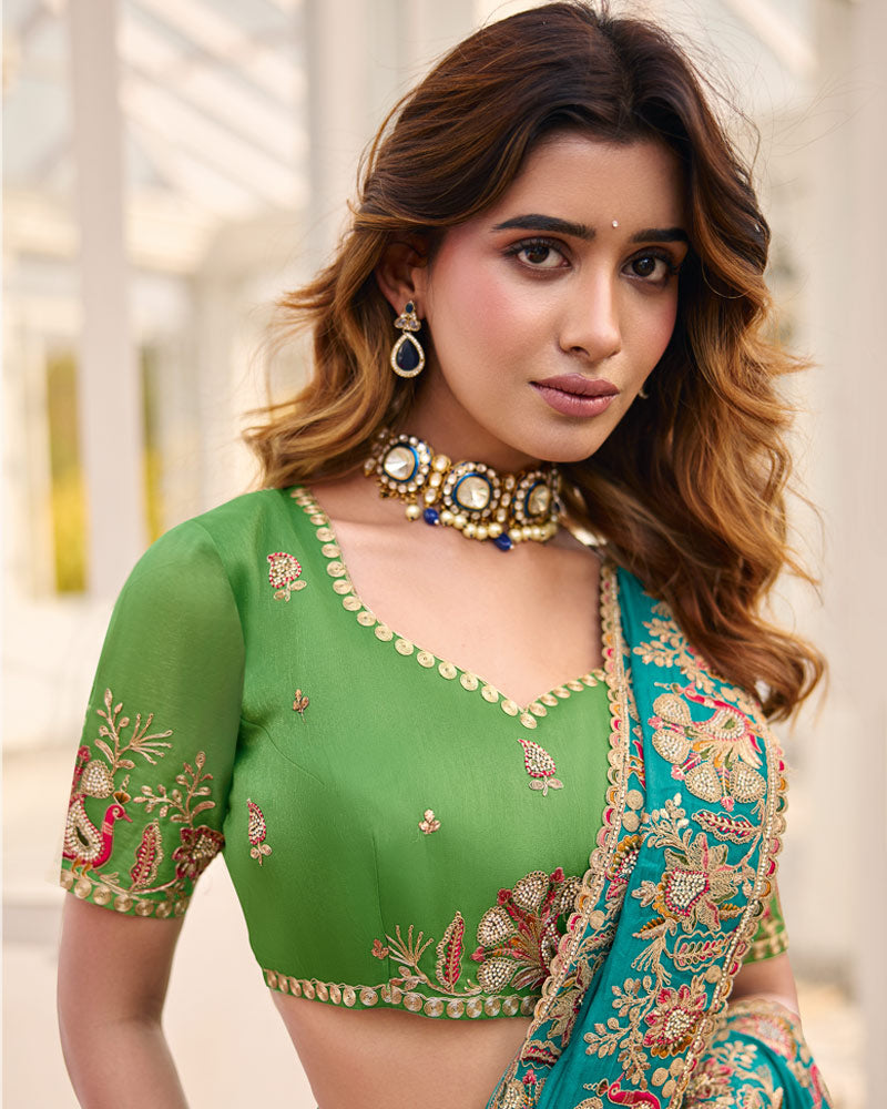 Deep Teal Blue Designer Chiffon Saree With Embroidery-Diamond Work And Cut Work Fancy Border