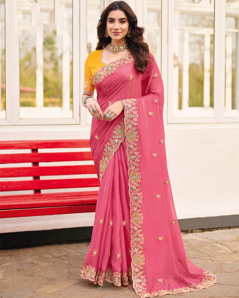 Dusty Pink Designer Chiffon Saree With Embroidery-Diamond Work And Cut Work Fancy Border