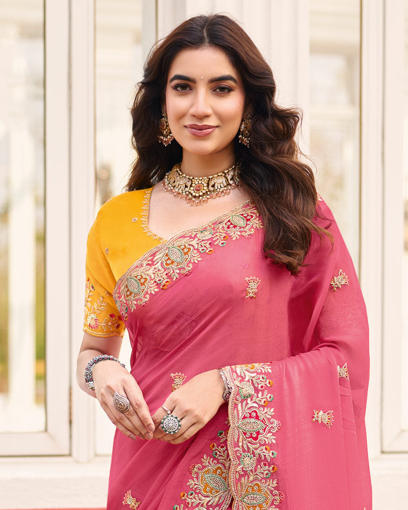 Dusty Pink Designer Chiffon Saree With Embroidery-Diamond Work And Cut Work Fancy Border