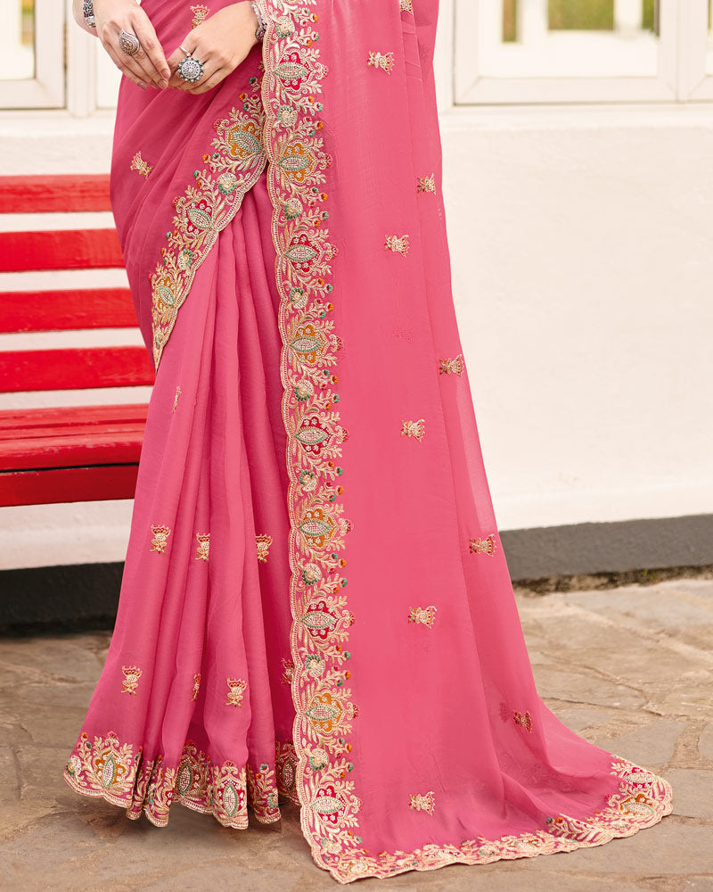 Dusty Pink Designer Chiffon Saree With Embroidery-Diamond Work And Cut Work Fancy Border