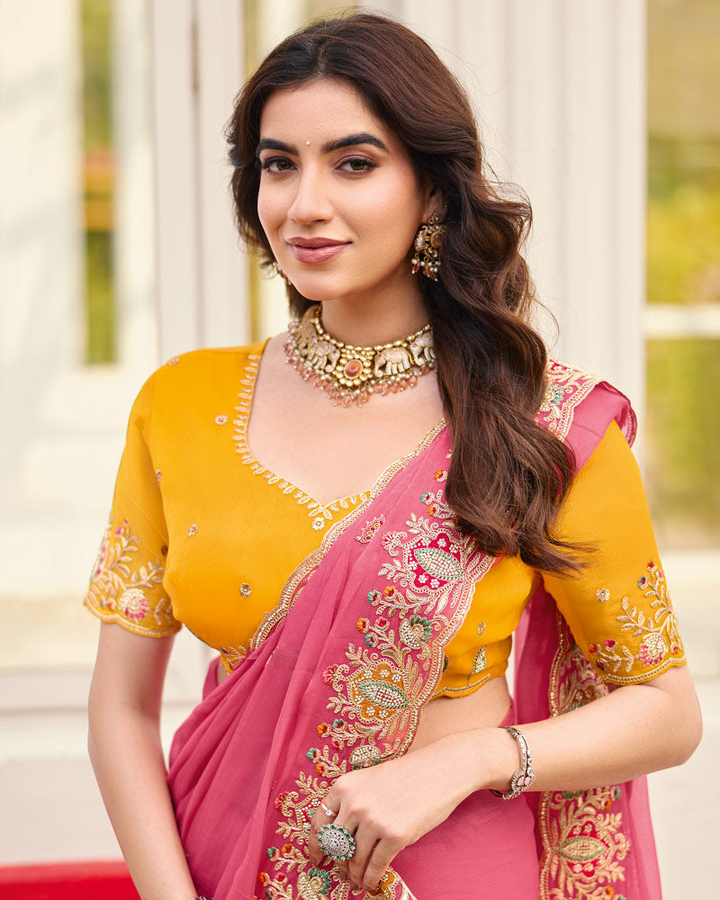 Dusty Pink Designer Chiffon Saree With Embroidery-Diamond Work And Cut Work Fancy Border