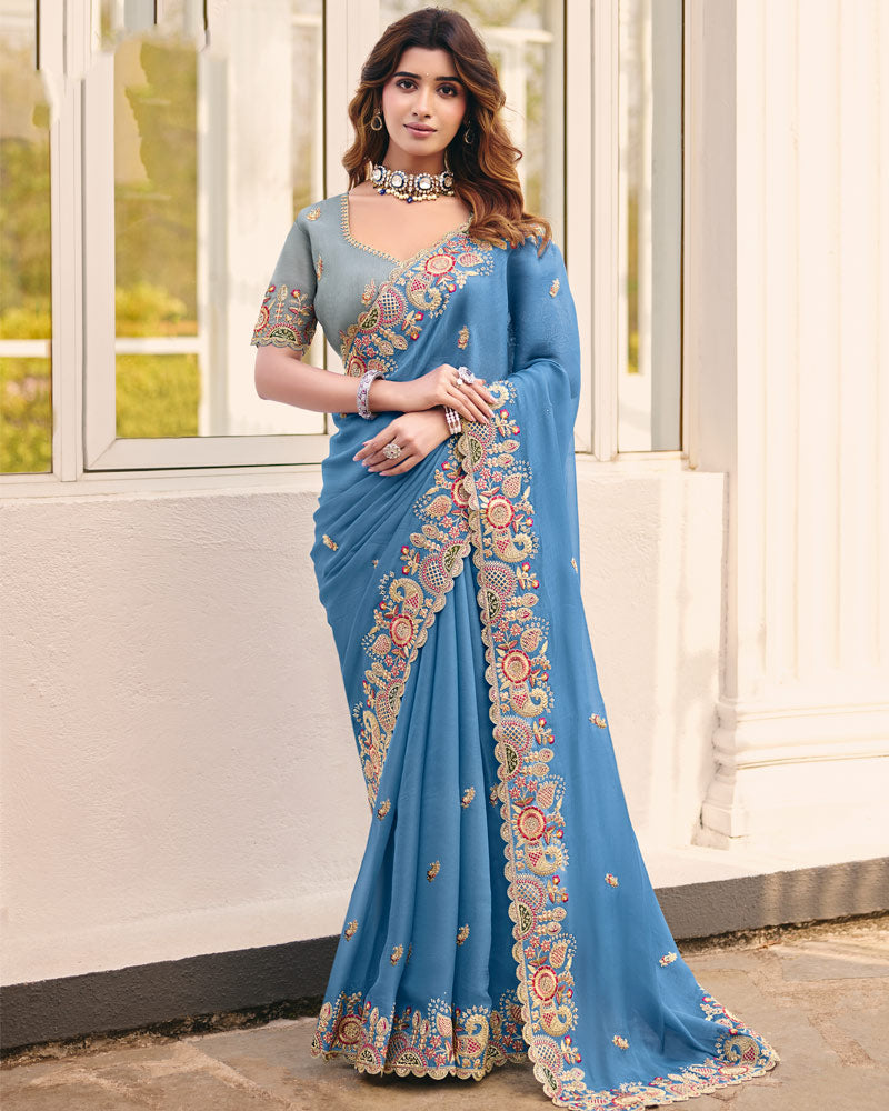 Electric Blue Designer Chiffon Saree With Embroidery-Diamond Work And Cut Work Fancy Border
